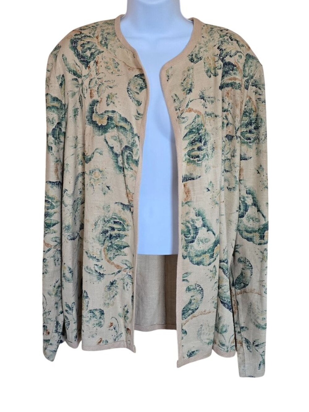 Linen/Floral Lightweight Open Jacket Elegant Nature-Inspired Print & Beige Trim